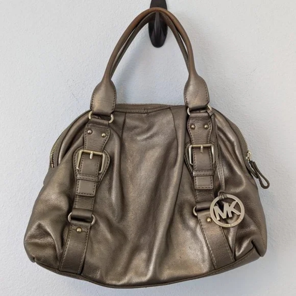 Michael Kors Fulton Metallic Dark Grey Leather Top Handle Bowler Bag Pur… - Picture 7 of 16